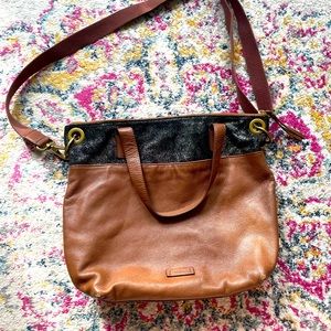 Fossil Keely Bucket Brown Leather Black Sparkly Messenger Bag